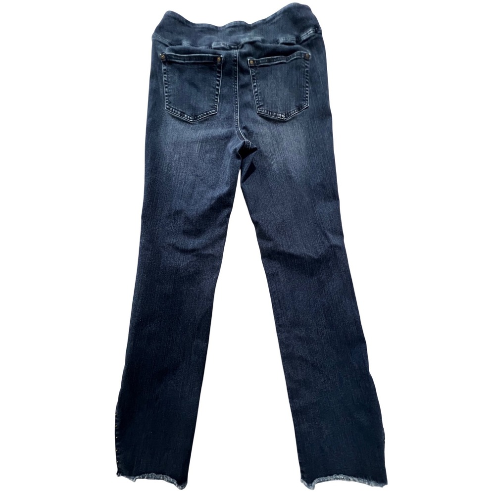Belle by Kim Gravel Jeans Womens 4 Blue Pull on Dark Wash Leopard Hem Studded - Picture 6 of 8